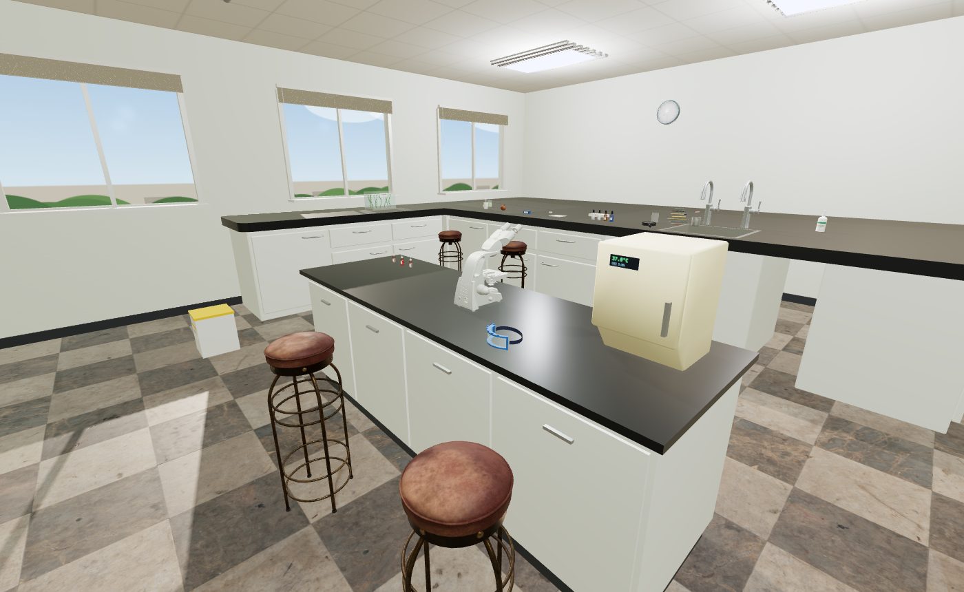 The 3D lab: a microscope bench and an incubator, with daylight through the windows